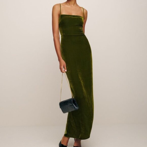 Reformation Velvet Frankie Dress in Pear - Picture 1 of 5